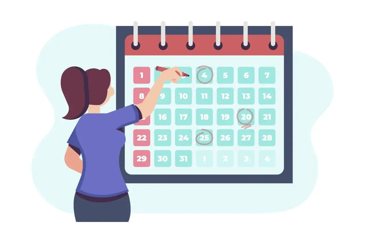 Donna segna sul calendario i turni di lavoro su 6 giorni, pianificando le giornate.