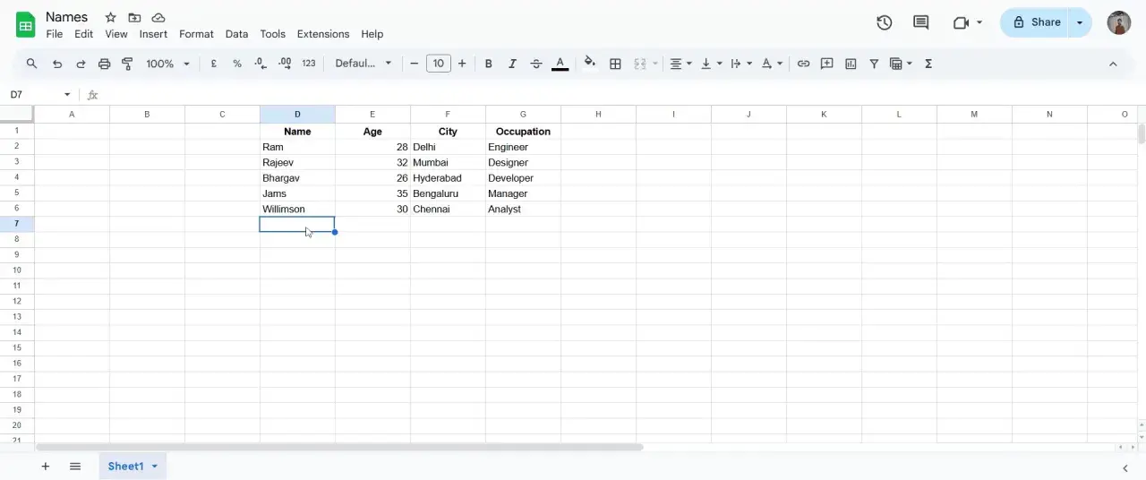 Foglio di calcolo con nomi, età, città e occupazione. In D7, un cursore pronto a inserire una formula conta valori Excel.