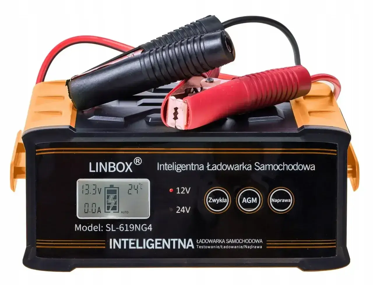 Inteligentna ładowarka samochodowa LINBOX z klemami do ładowania akumulatora. Wyświetla napięcie 13.3V i temperaturę 24°C.