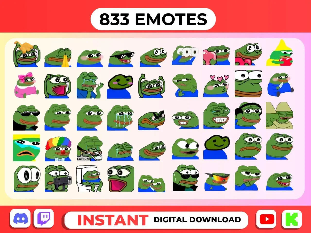 Viele verschiedene Twitch Emotes sehen, die den beliebten Frosch Pepe darstellen, in lustigen und emotionalen Posen.