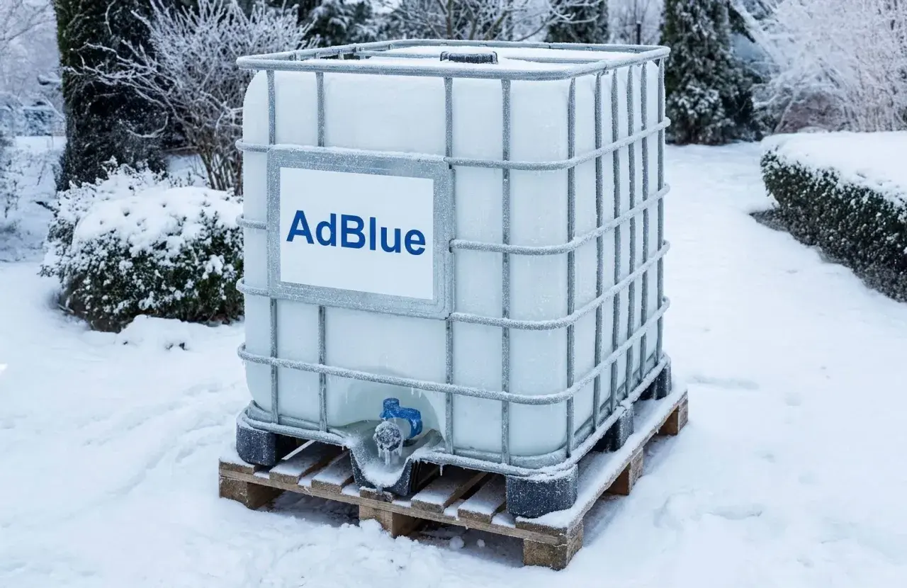 Duży zbiornik z AdBlue stoi na palecie w śniegu. Widać szron i lód, co sugeruje niską temperaturę i potencjalne problemy z zamarzaniem płynu.