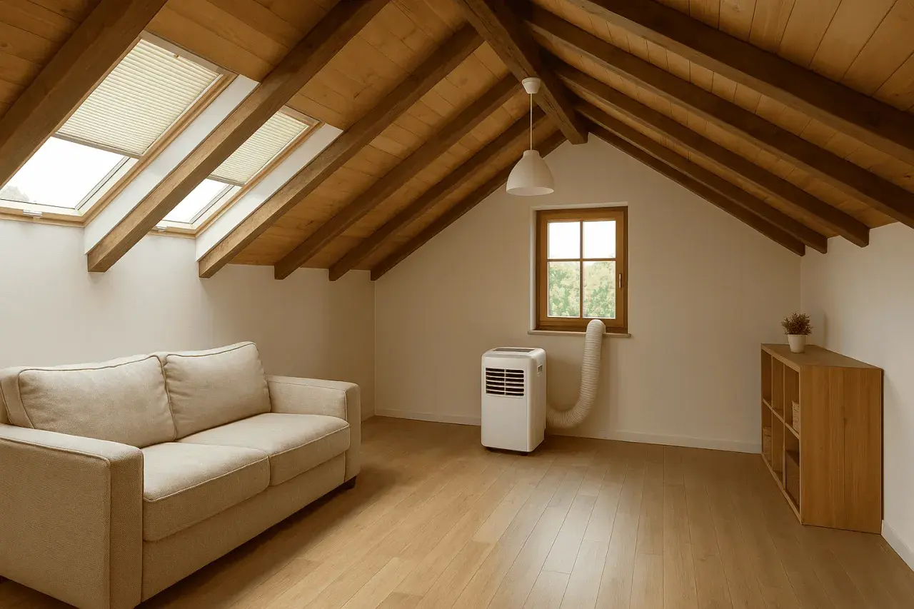 Habitación abuhardillada con sofá, aire acondicionado portátil y estantería. Un ejemplo de como limpiar el aire de una habitación para un ambiente fresco.