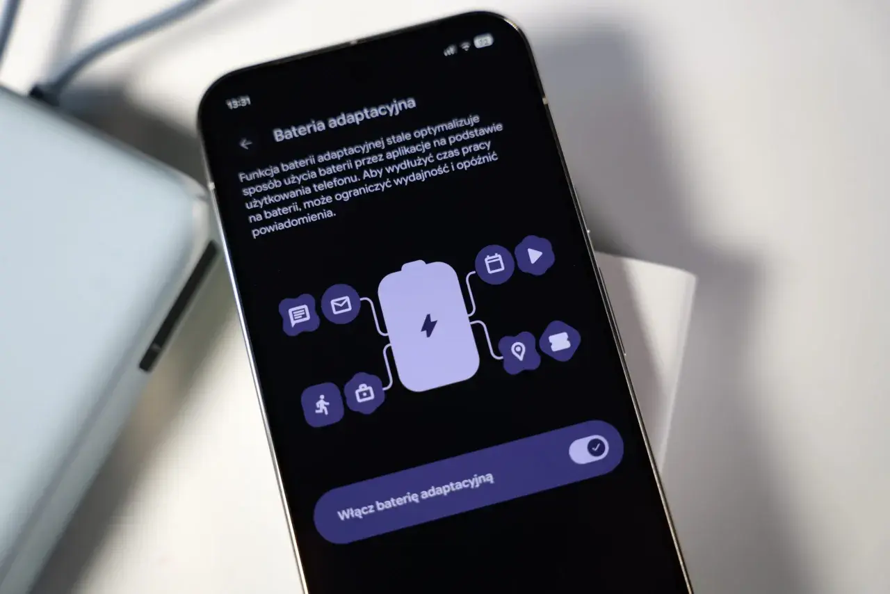 Ekran telefonu z włączoną funkcją "Bateria adaptacyjna", która optymalizuje zużycie energii przez aplikacje, by wydłużyć czas pracy.