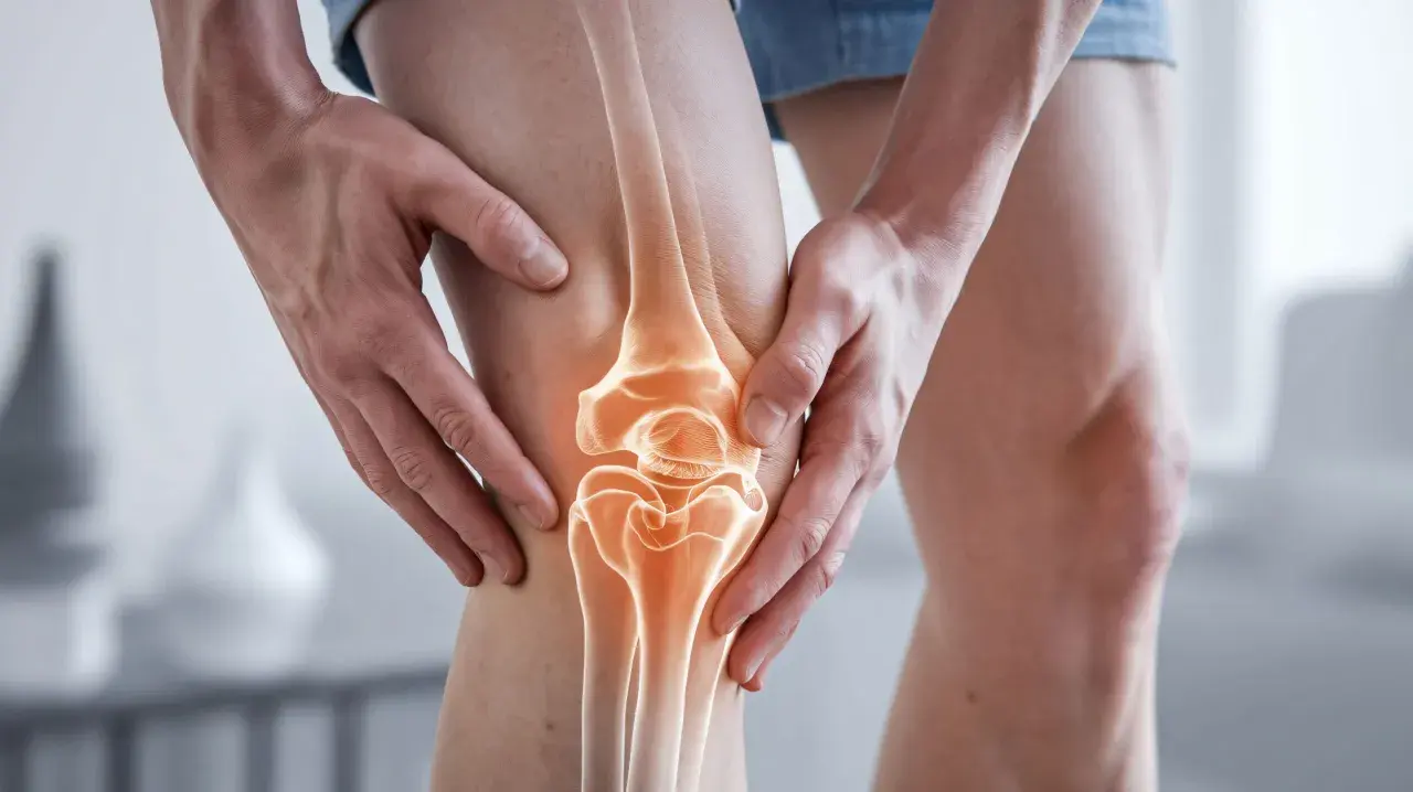Hände umfassen ein Knie, das einen leuchtenden, anatomischen Knorpelaufbau des Knies zeigt, der auf Schmerz oder Verletzung hindeutet.
