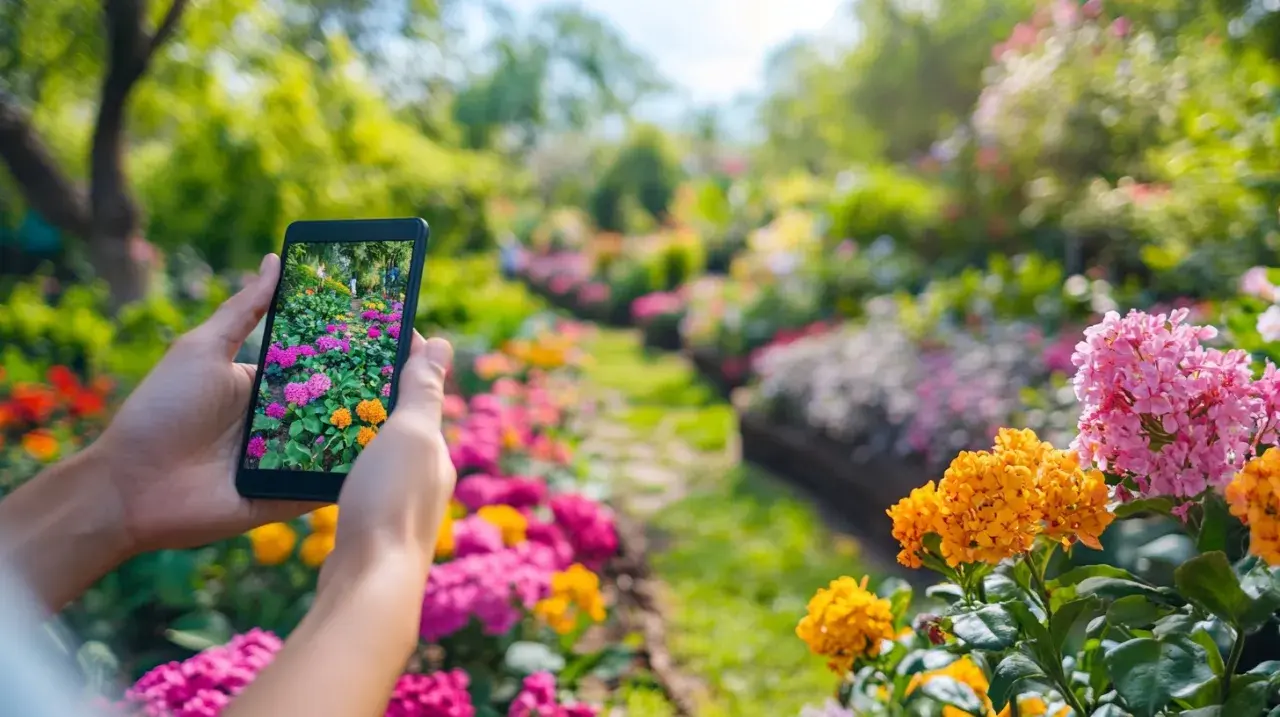 Dłonie trzymające smartfon fotografujący kolorowy ogród pełen kwiatów.