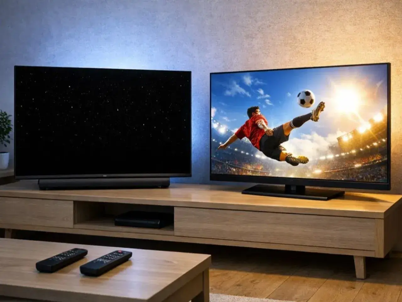Dwa telewizory na drewnianej szafce. Jeden pokazuje nocne niebo, drugi mecz piłki nożnej. Który lepszy: oled czy qled?