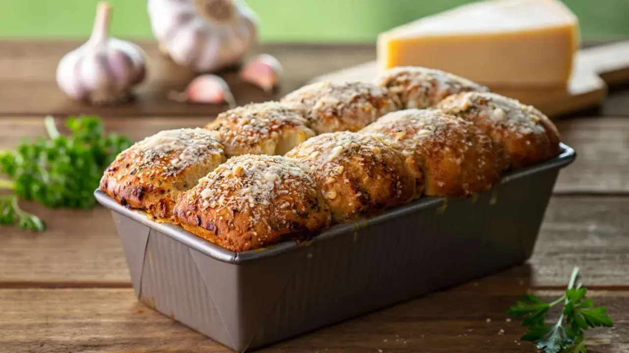 Herzhaftes Monkey Bread mit Knoblauch und Käse, frisch aus der Form. Daneben liegen Knoblauchzehen und Petersilie.