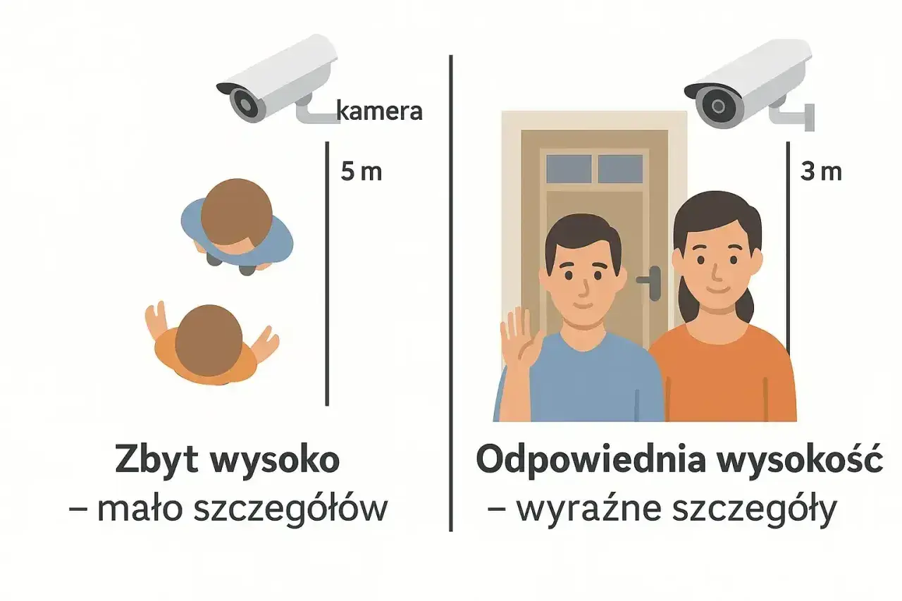 Kamera w podbitce zamontowana zbyt wysoko (5m) daje mało szczegółów. Montaż na wysokości 3m zapewnia wyraźne detale.