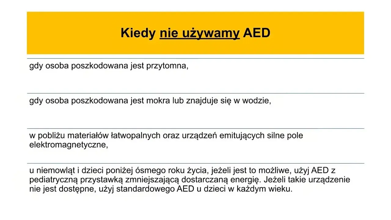 Tekst na żółtym tle: Kiedy nie używamy AED. Poniżej lista przeciwwskazań.