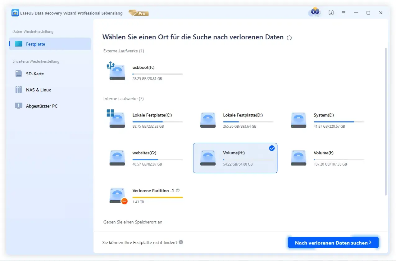 Die Software zeigt eine Liste von Laufwerken zur Datenwiederherstellung an. Eine "Verlorene Partition" mit 1,43 TB ist als externe Festplatte nicht zugeordnet.