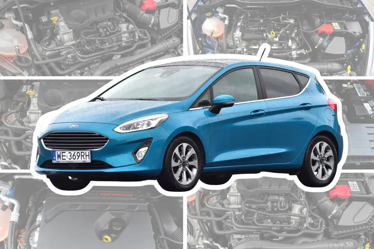 Niebieski Ford Fiesta MK8 z widocznym silnikiem pod maską.