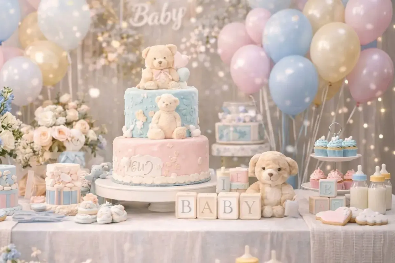 Torta a due piani con orsetti, palloncini pastello e decorazioni a tema per un baby shower. Ecco come organizzare un baby shower indimenticabile!