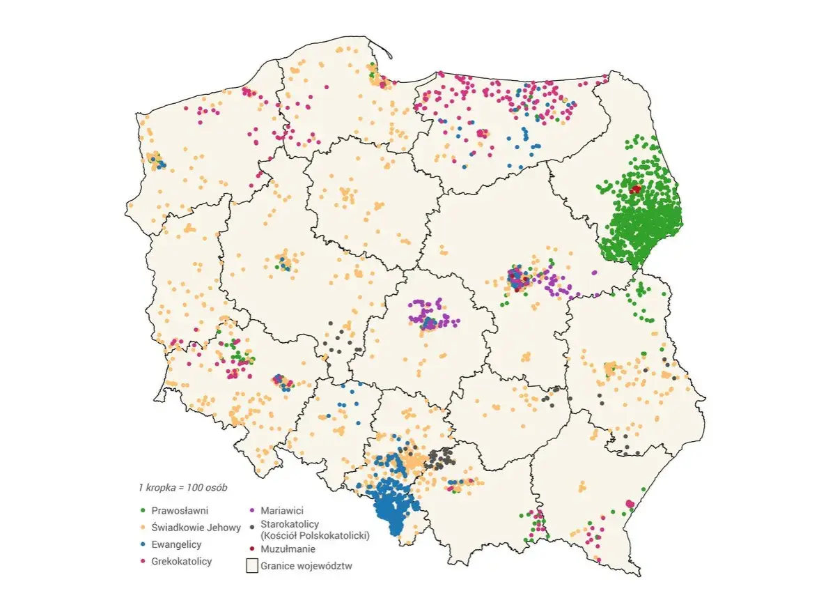 Mapa Polski z kropkami oznaczającymi rozmieszczenie różnych grup wyznaniowych. Różnorodność religii w Polsce widoczna na pierwszy rzut oka.