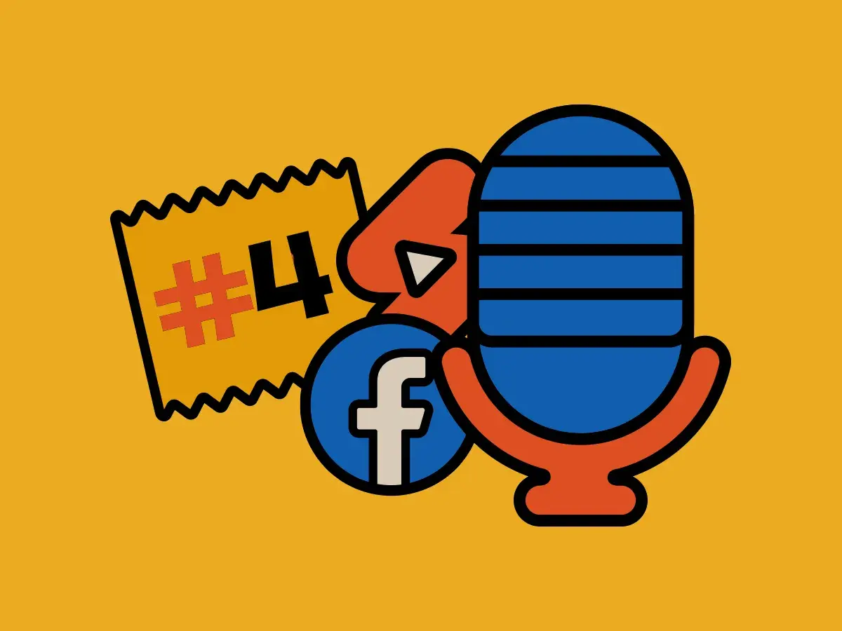 Grafika z numerem 4, ikoną Facebooka i mikrofonem. Idealna do podcastów i mediów społecznościowych, jak Instagram.