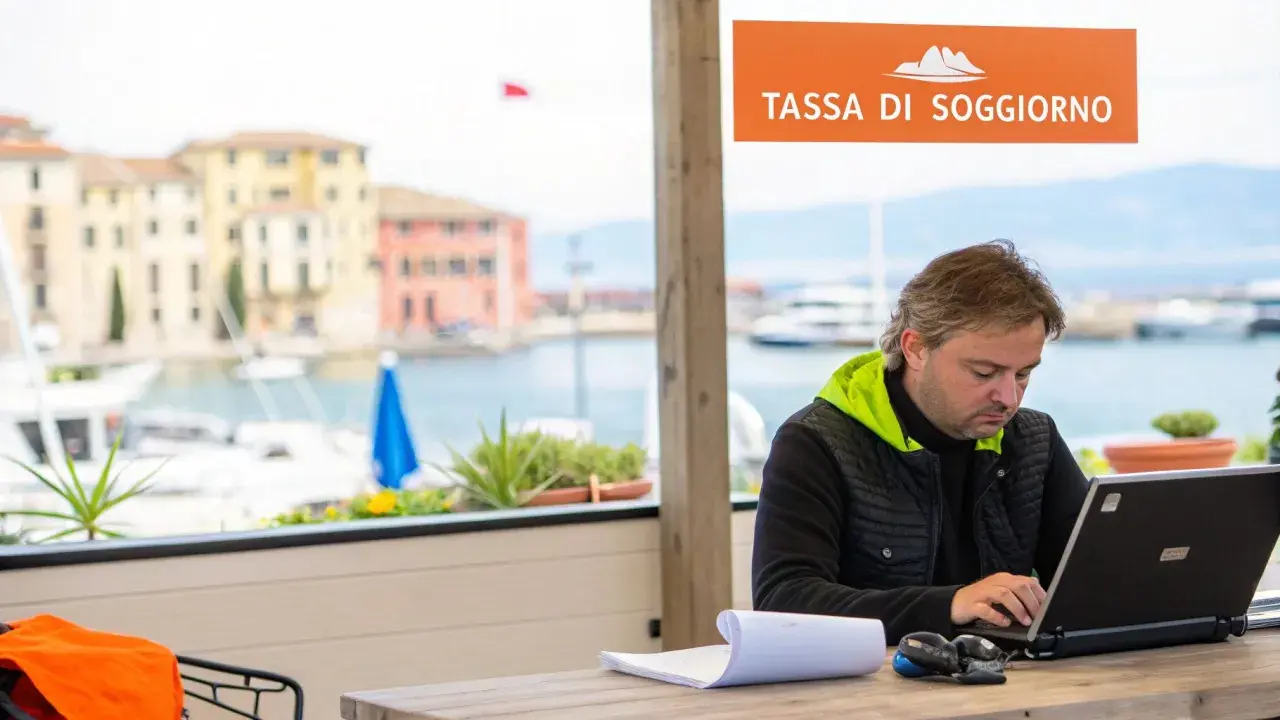 Uomo al lavoro con laptop, con vista sul porto e un cartello "Tassa di soggiorno".