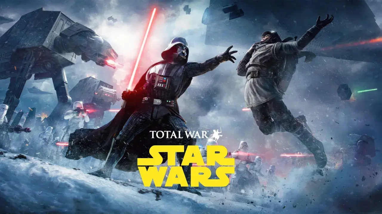 Darth Vader walczy z rebeliantami na śnieżnej planecie, podczas gdy AT-AT i myśliwce sieją zniszczenie. To epicka bitwa w stylu **Total War Star Wars**.