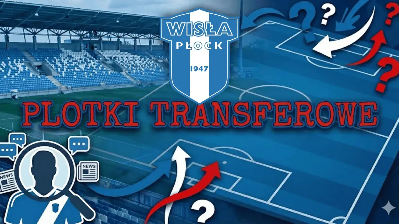 Grafika z herbem Wisły Płock, boiskiem, strzałkami i znaki zapytania.