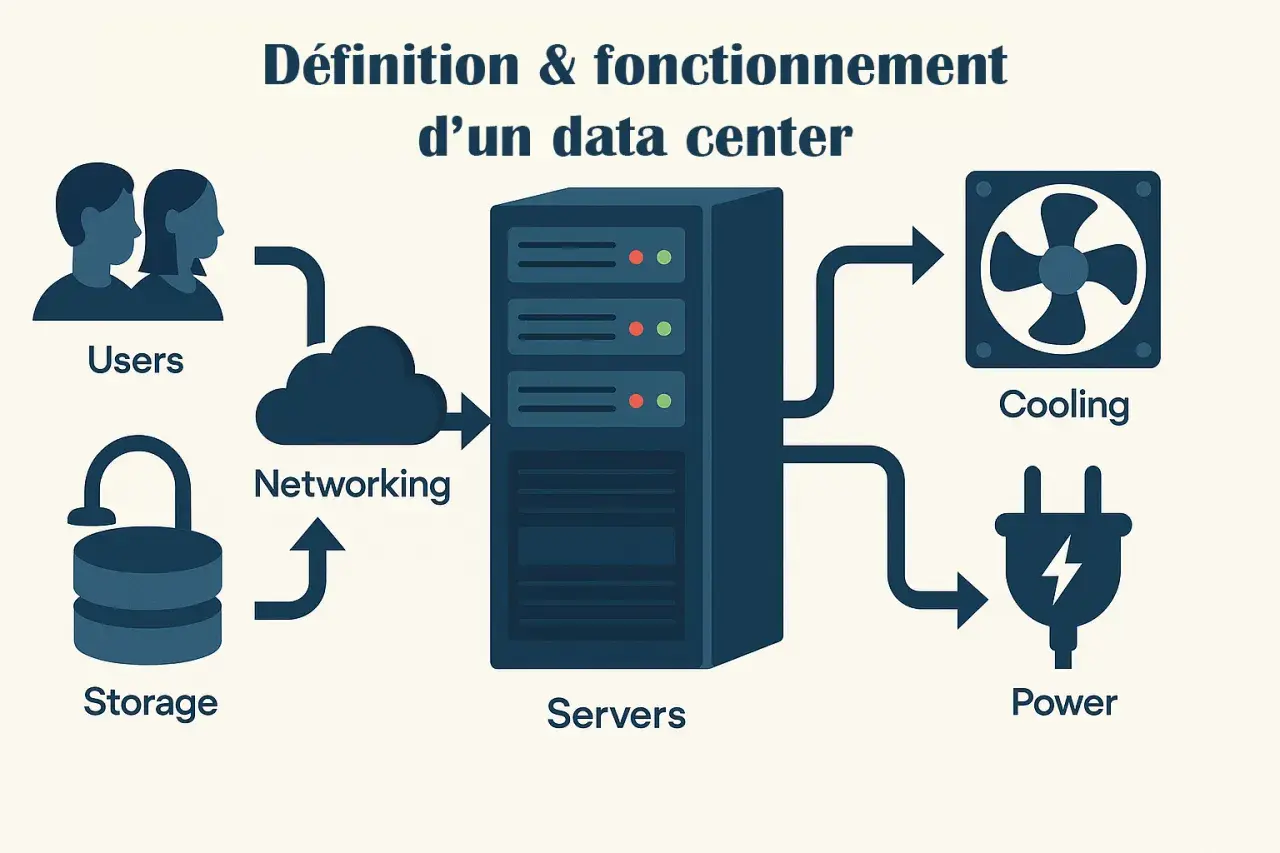 Schéma expliquant comment fonctionne un data center : les utilisateurs accèdent aux serveurs via le réseau, le stockage est sécurisé, le refroidissement maintient la température et l'alimentation électrique est essentielle.