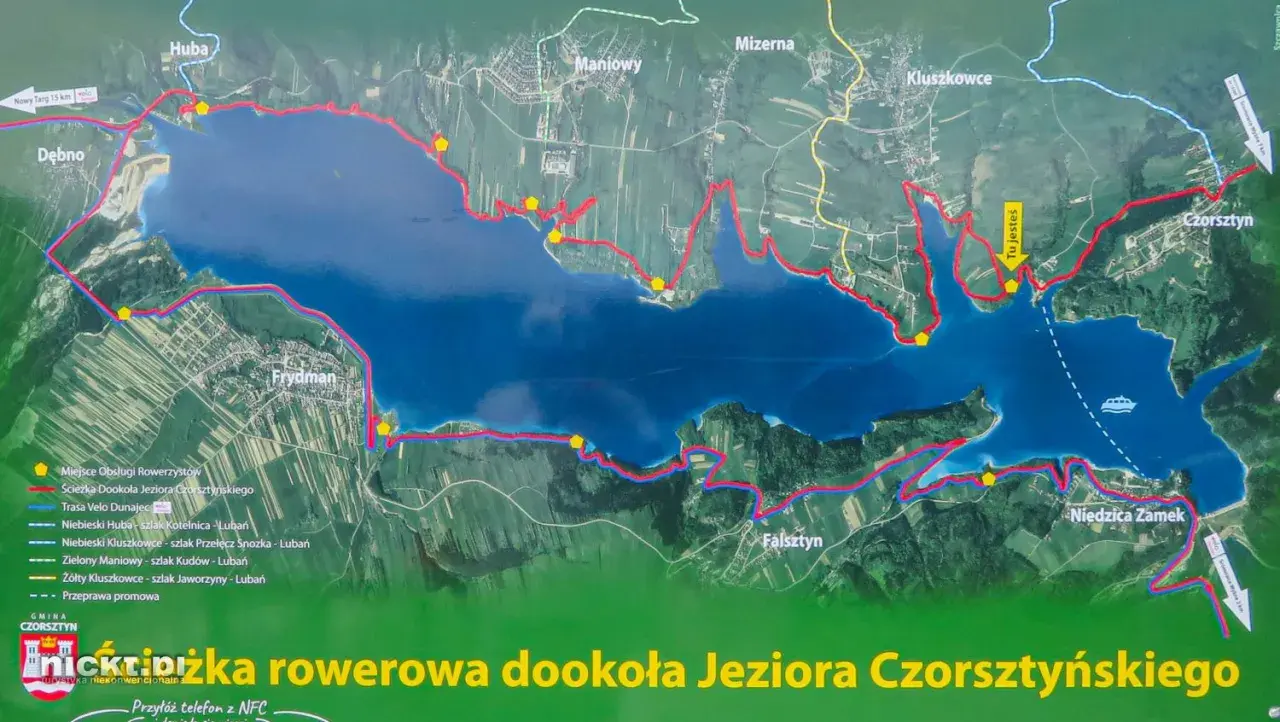 Mapa z zaznaczoną trasą rowerową Velo Dunajec wokół Jeziora Czorsztyńskiego. Widać miejscowości: Dębno, Frydman, Maniowy, Kluszkowce, Niedzica Zamek, Czorsztyn.