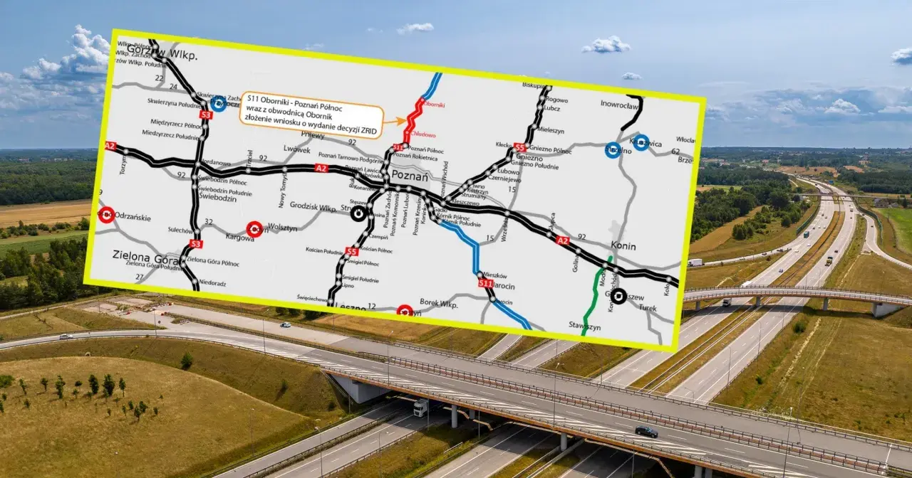 Mapa drogowa z zaznaczonym Poznaniem i trasą S11. Szukając odpowiedzi na pytanie, ile kilometrów jest z Poznania do Kołobrzegu, widzimy drogę S11 wiodącą na północ.