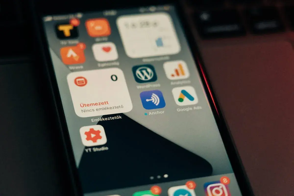 Widżety na ekranie telefonu: Strava, WordPress, Anchor, Google Ads, YT Studio.