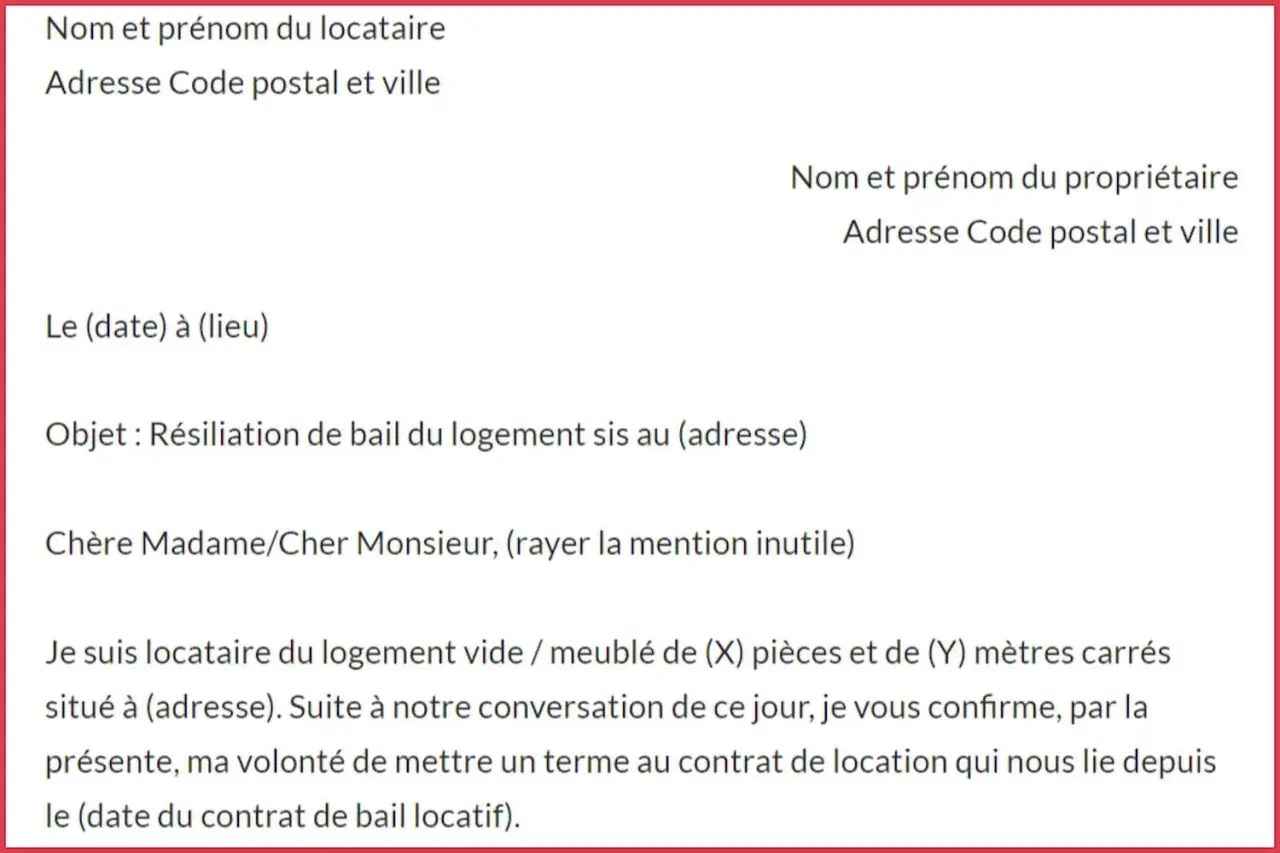 Lettre de préavis logement. Le locataire informe le propriétaire de sa volonté de résilier le bail.