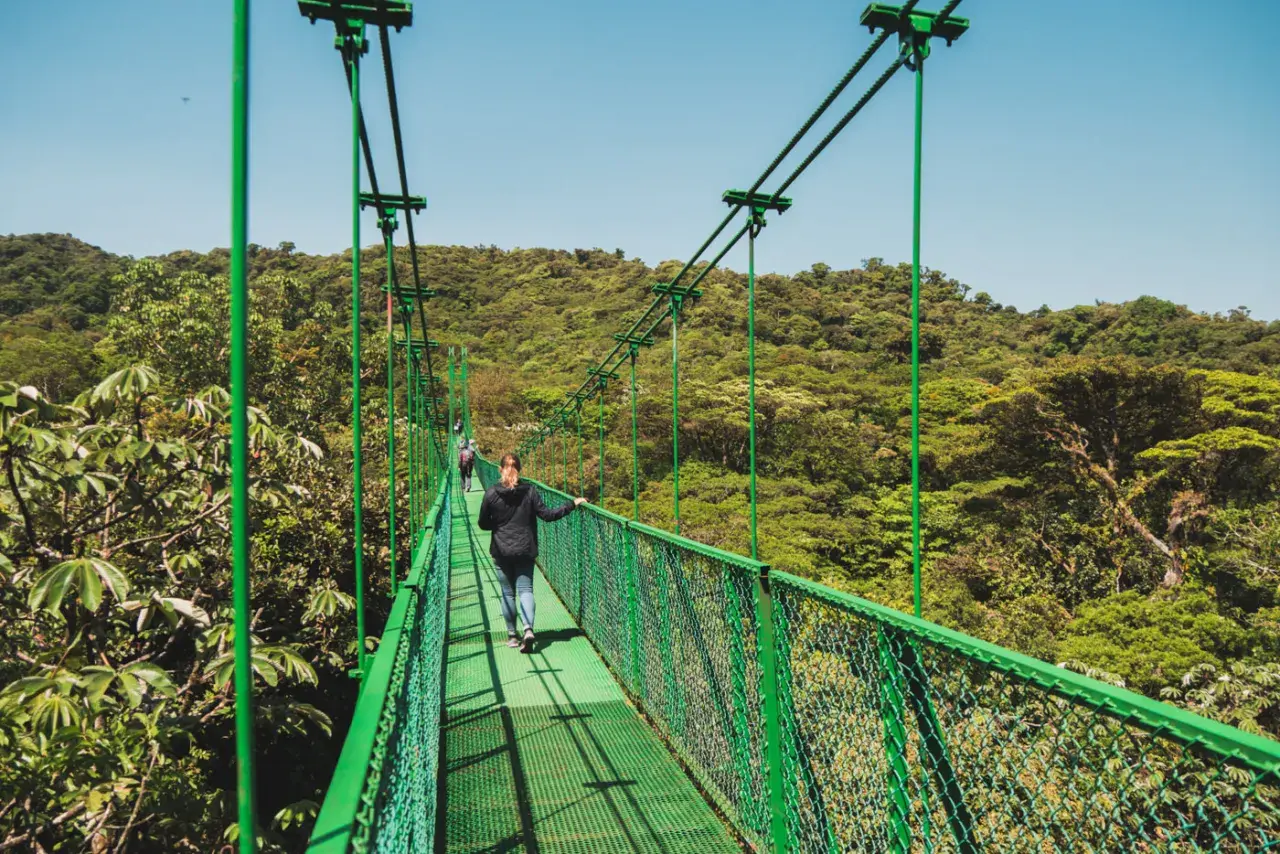 Frauen spazieren über eine Hängebrücke im Regenwald von Monteverde, Costa Rica, mit üppiger grüner Vegetation.