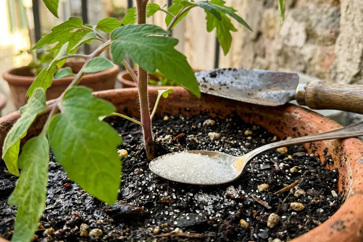 Un cucchiaino di zucchero, un piccolo trapianto e una paletta: ingredienti per un concime per pomodori fai da te che promette crescita rigogliosa.