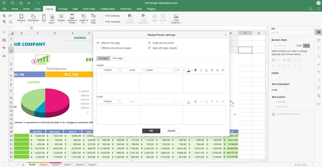 Finestra di dialogo per l'intestazione e il piè di pagina di Excel, con opzioni per personalizzare l'intestazione.