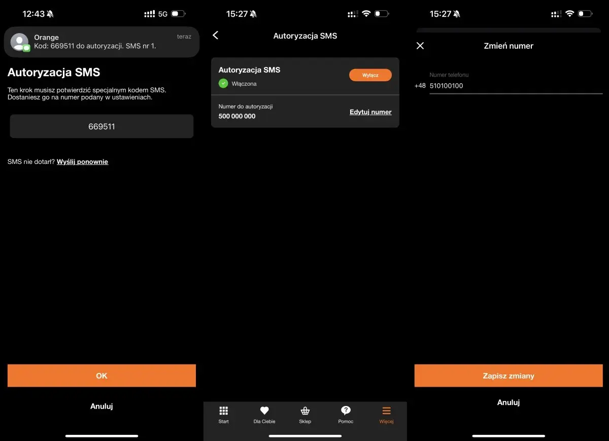 Jak sprawdzić numer Orange? Na ekranie widać kod autoryzacyjny SMS 669511 i numer telefonu do autoryzacji.