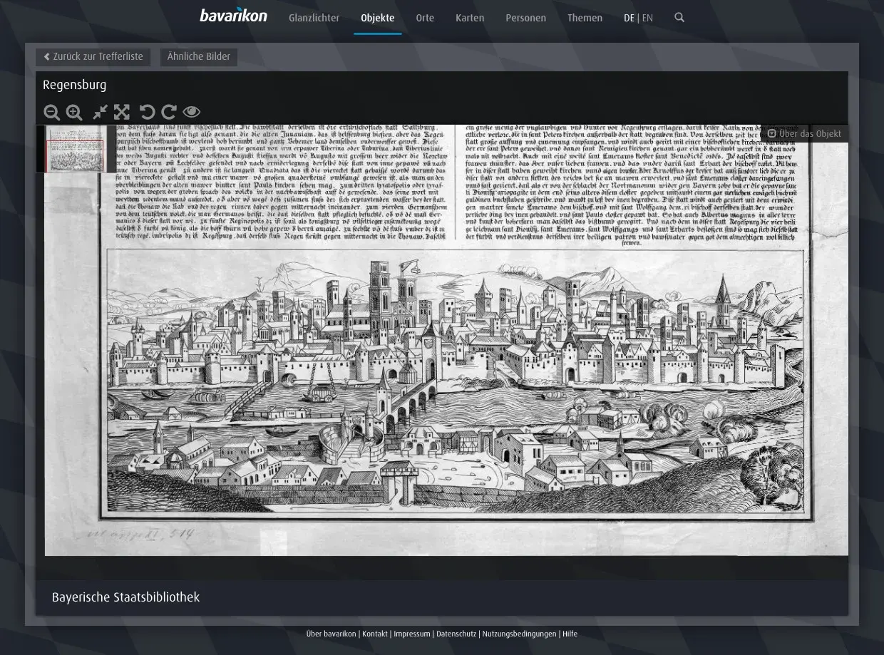 Regensburg in der schedelsche weltchronik: eine detailreiche Stadtansicht mit Fluss, Brücken und vielen Gebäuden, umgeben von Bergen.