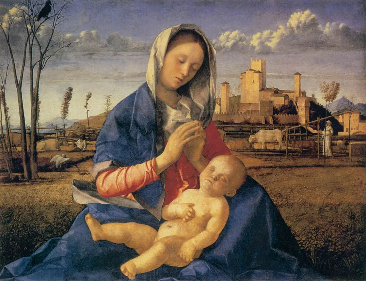 Madonna z Dzieciątkiem, przykład klasycznych aktów w malarstwie światowym. Dziecko śpi na kolanach matki, w tle krajobraz z zamkiem.