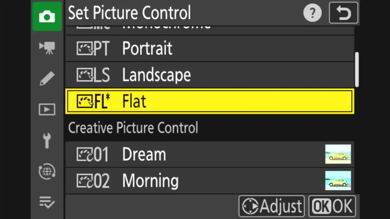Menu aparatu Nikon, wybór ustawienia "Picture Control". Podświetlona opcja "FL* Flat".
