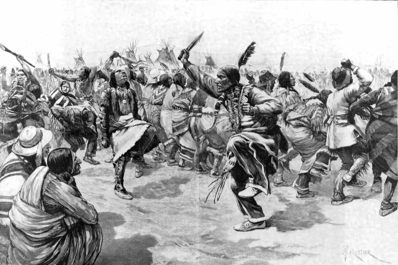 Native Americans in traditional attire perform a spiritual dance, with feathered headdresses and symbolic movements evoking the Ghost Dance tradition.