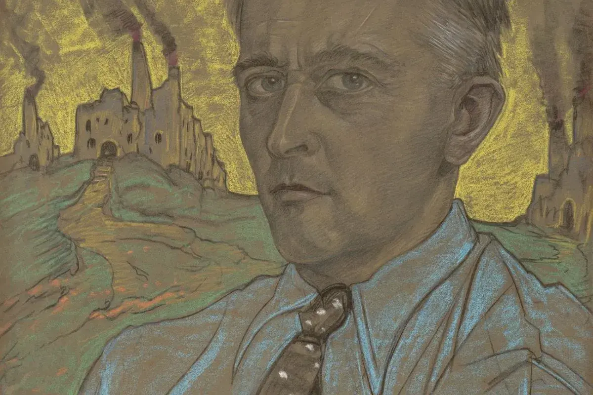 Portret mężczyzny w niebieskiej koszuli i krawacie, na tle industrialnego krajobrazu. Jedno z charakterystycznych dzieł z cyklu witkacy portrety.
