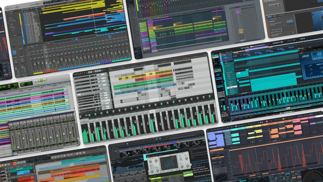Plusieurs interfaces de logiciel DAW affichant des pistes audio, des faders et des formes d'onde, pour la création musicale.