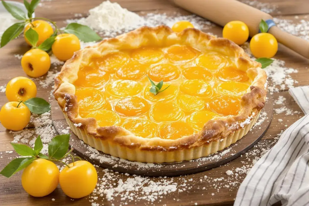 Une délicieuse tarte aux mirabelles, garnie de fruits dorés et d'une pâte croustillante, prête à être dégustée.