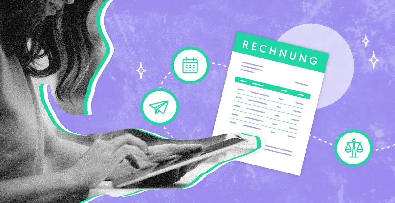 Frau nutzt Tablet für Zahlung auf Rechnung. Icons für Kalender, E-Mail und Waage deuten auf Finanzmanagement hin.