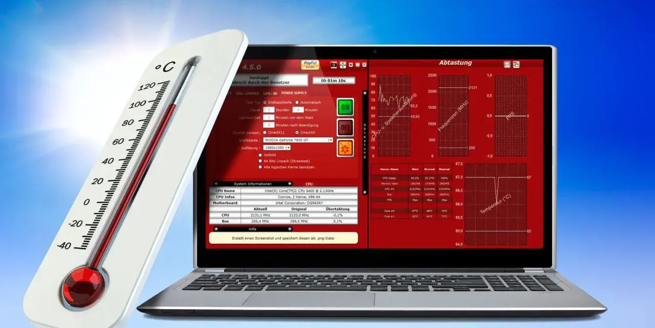 MSI Afterburner zeigt die **MSI Afterburner CPU Temp** auf einem Laptop. Ein Thermometer daneben symbolisiert die Hitze.