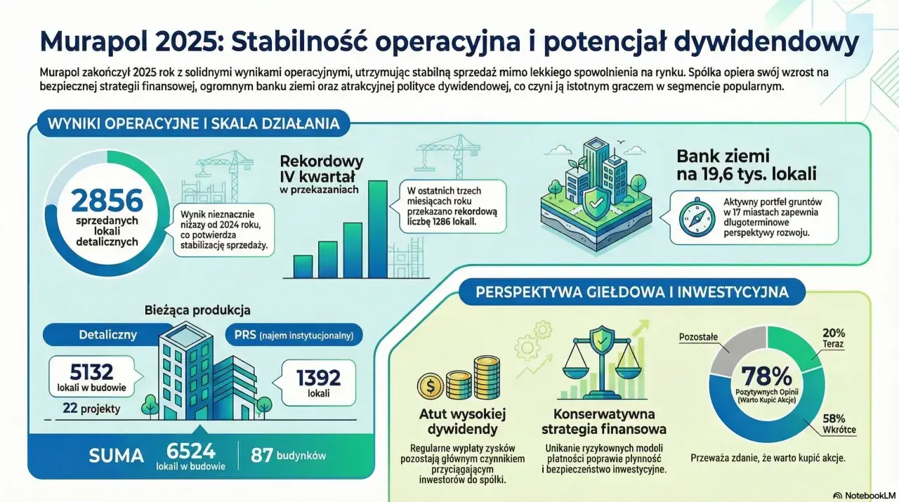 Murapol akcje: stabilna sprzedaż, bank ziemi i potencjał dywidendowy. 78% pozytywnych opinii o akcjach.
