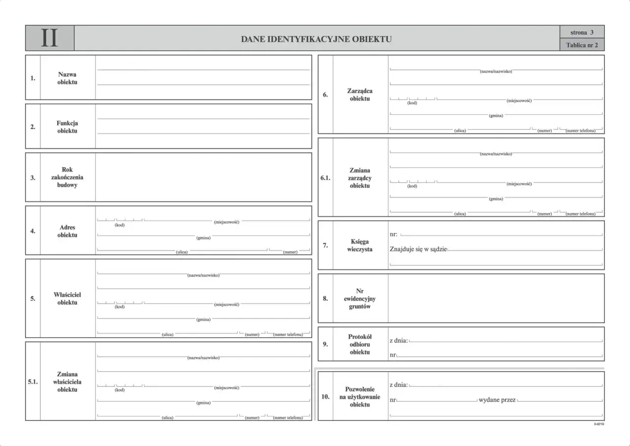 Książka obiektu budowlanego zawiera dane identyfikacyjne, adres, właściciela, zarządcę oraz informacje o pozwoleniach.