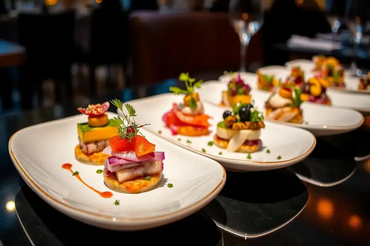 Petits amuse-bouches colorés sur des assiettes blanches, une recette entrée originale et raffinée.