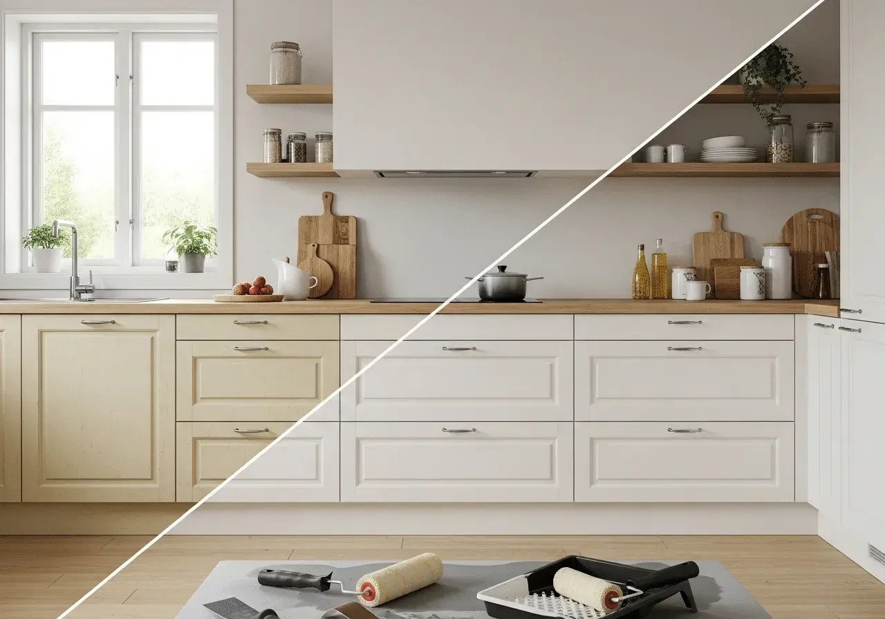 Cocina antes y después de pintar muebles. Gabinetes amarillos transformados a blanco, con rodillos y bandeja de pintura listos.