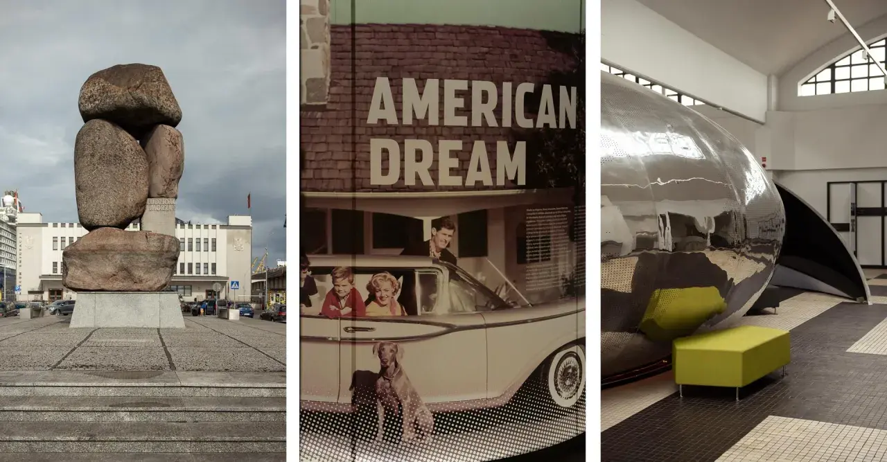 Muzeum w Gdyni: rzeźba, obraz "American Dream" i futurystyczna instalacja.
