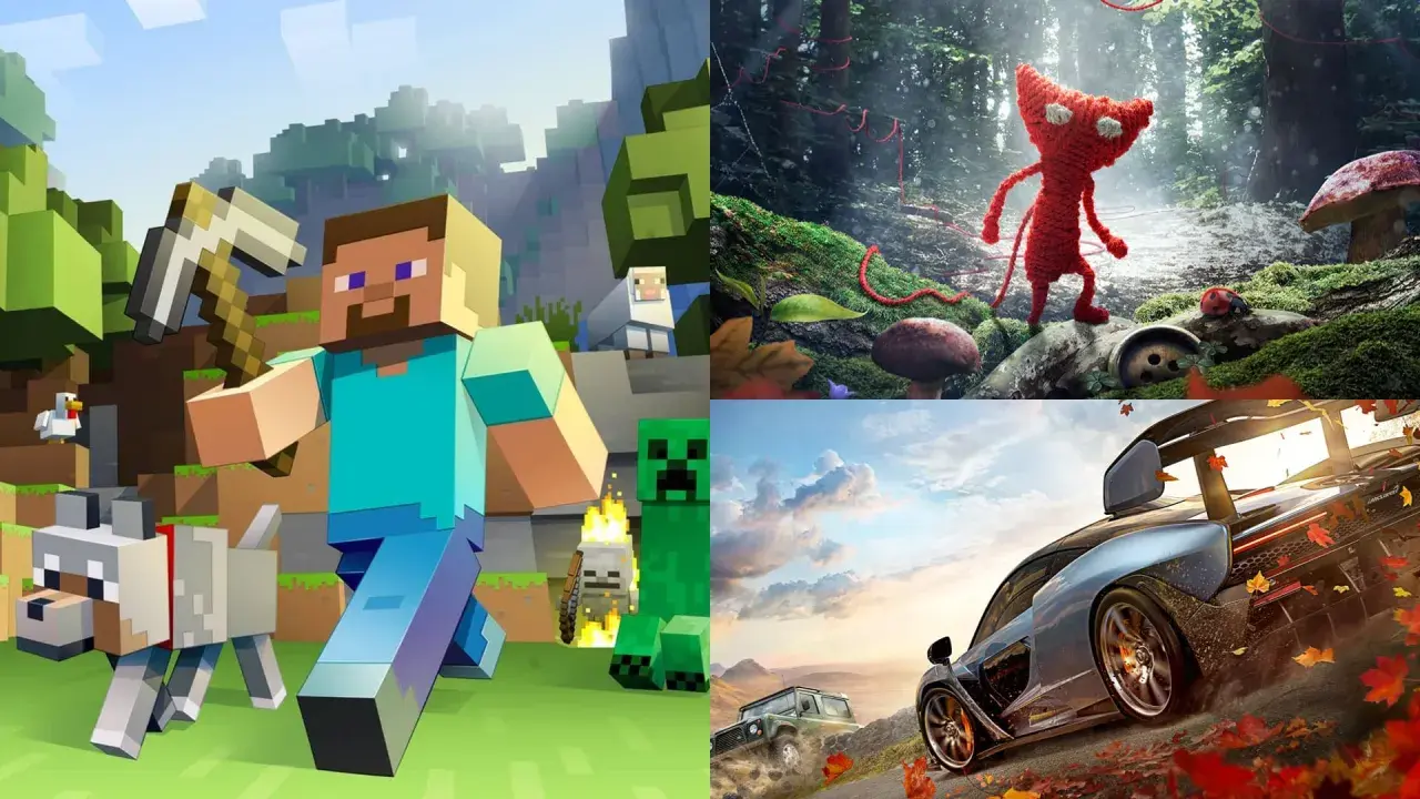 Kolaż gier: Minecraft, Unravel, Forza Horizon. Idealne xbox gry dla dzieci 5 lat i starszych.