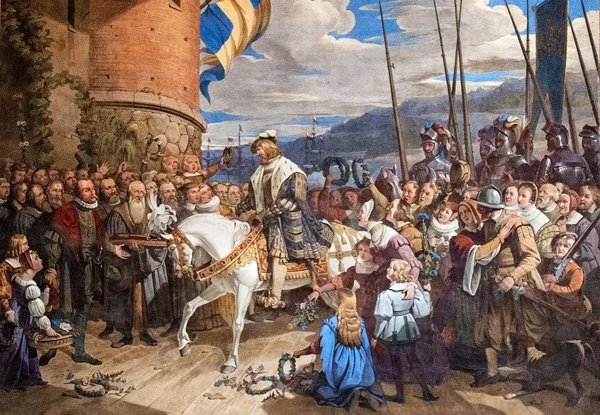Gustav Vasa på vit häst, omgiven av jublande folk och soldater. En hyllning till Sveriges befriare.