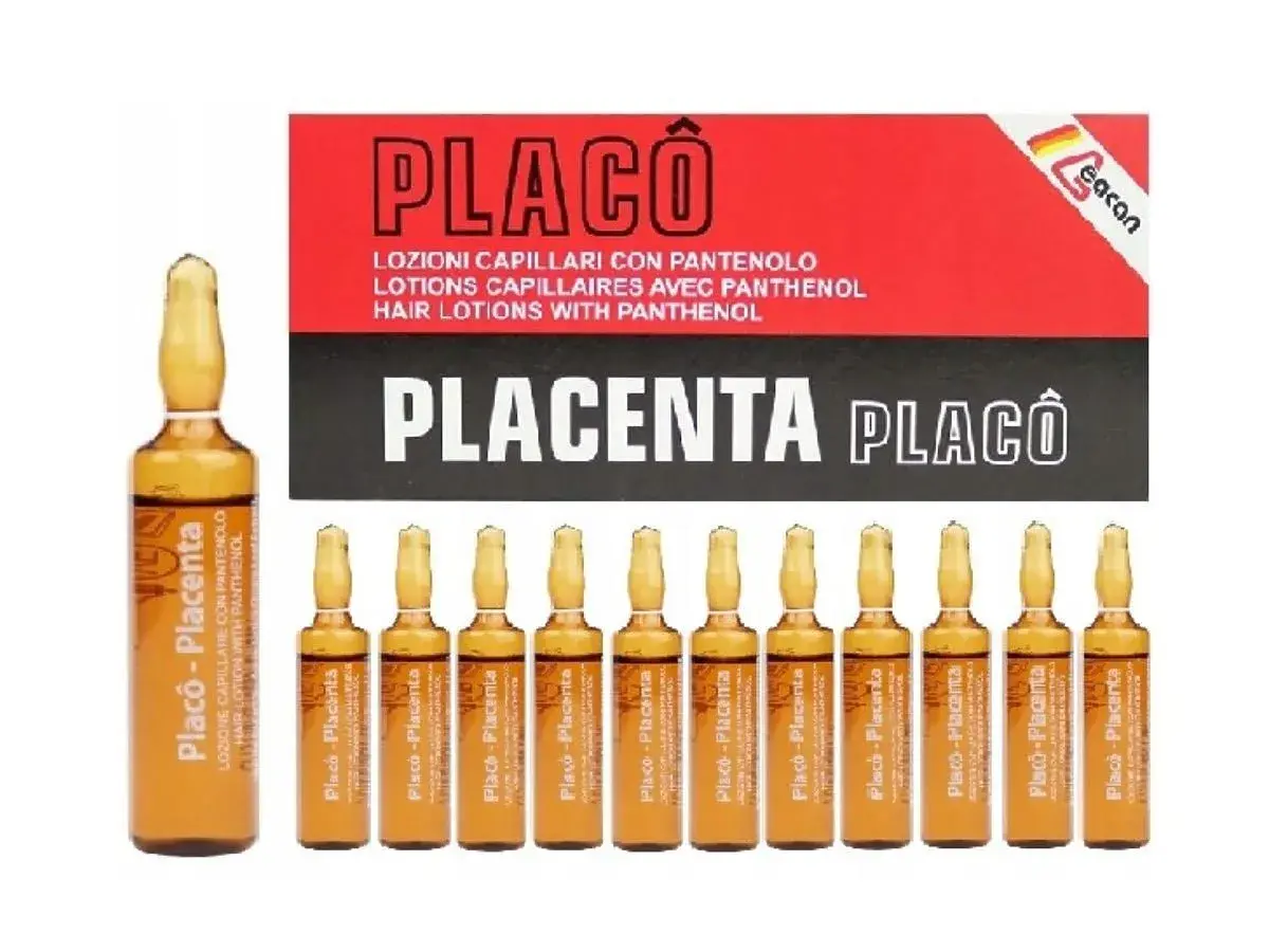 Ampułki Placenta Placô z pantenolem, do pielęgnacji włosów. Zestaw zawiera 10 sztuk.
