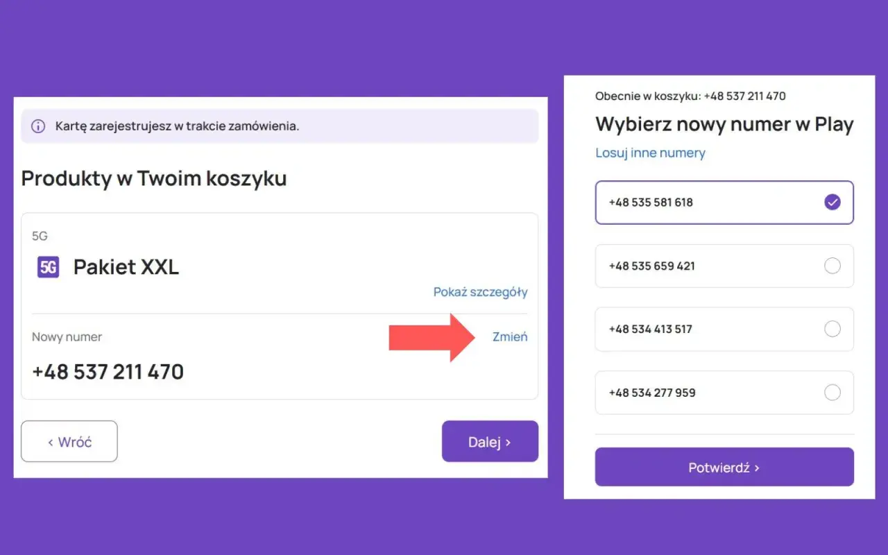 Wybierasz nowy numer Play, by doładować komuś telefon. Widzisz pakiet XXL i opcję zmiany numeru.