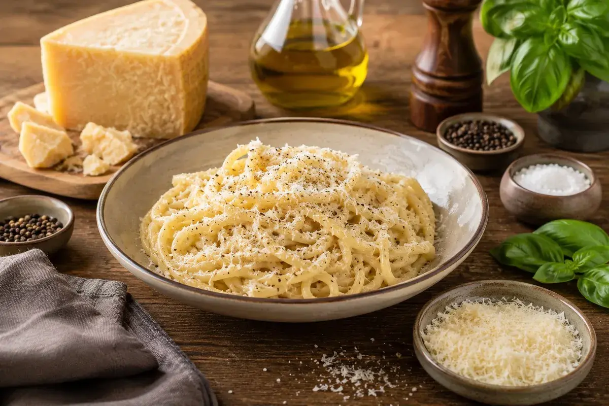 Pyszne spaghetti posypane startym serem, obok kawałek twardego sera włoskiego, oliwa i świeża bazylia.