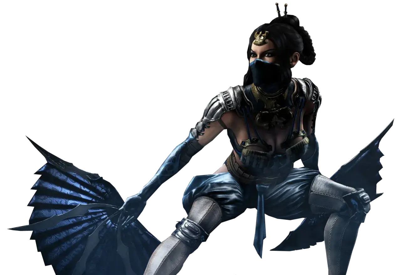 Kitana Mortal Kombat w niebieskim stroju, z maską na twarzy i wachlarzami w dłoniach, gotowa do walki.